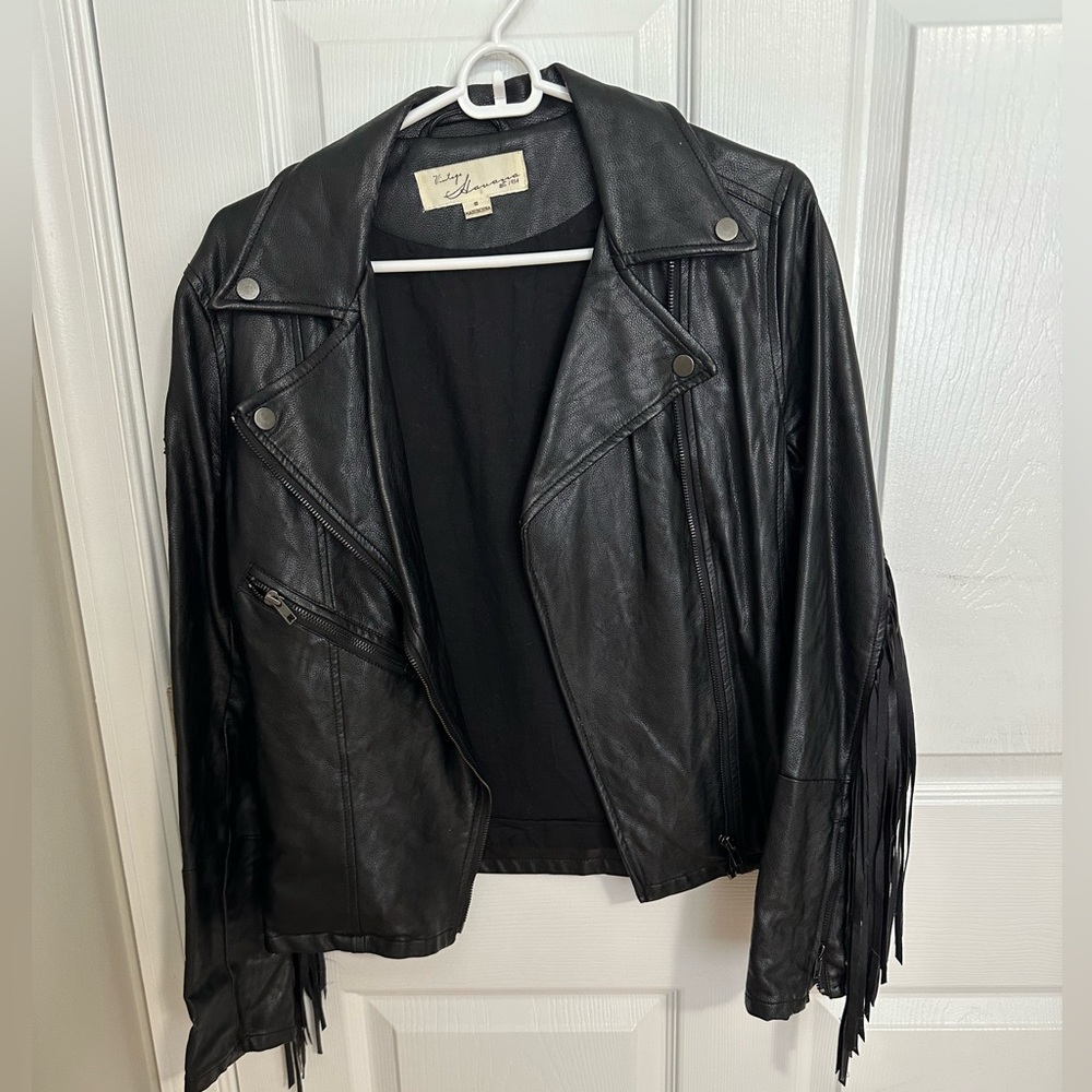 Black leather jacket with fringe design size small